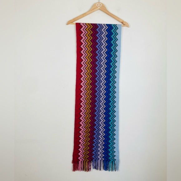 Missoni Accessories - Missoni iconic chevron pattern fringed scarf in rainbow colorway wool blend.